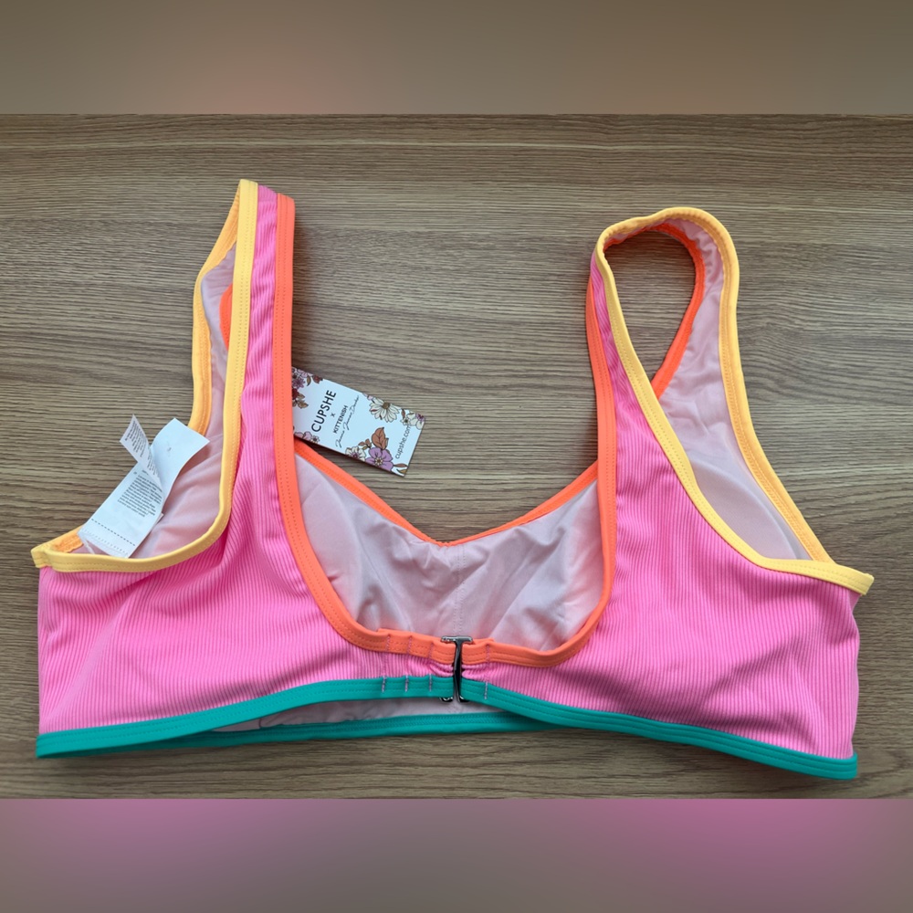 Cupshe x Kittenish Ribbed Bikini Top Pink Colorblock Swim Top Only Womens L NWT - Picture 3 of 6